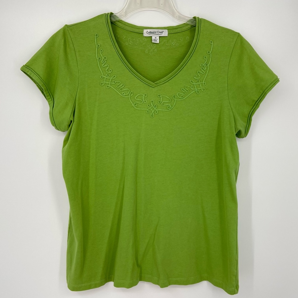 Coldwater Creek V-Neck short sleeve T shirt, decorative ribbon on top, size 1X